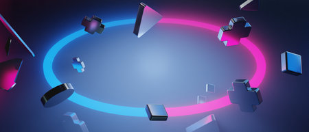 3d illustration rendering of y2k gamer technology futuristic cyberpunk sci-fi display podium, gaming...