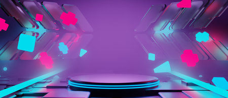3d illustration rendering of y2k gamer technology futuristic cyberpunk sci-fi display podium, gaming scifi stage pedestal abstract  backgroundの写真素材