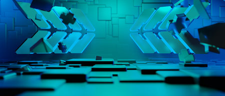 3d illustration rendering of y2k gamer technology futuristic cyberpunk sci-fi display podium, gaming...