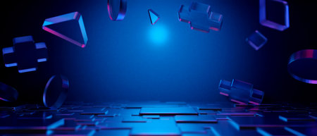 3d illustration rendering of y2k 2000s gamer technology futuristic cyberpunk sci-fi display podium, gaming stage pedestal abstract  backgroundの写真素材