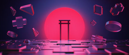 3d illustration rendering of y2k 2000s gamer technology futuristic cyberpunk sci-fi display podium, gaming stage pedestal abstract  backgroundの写真素材