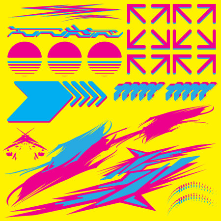 cyberpunk y2k 2000s gaming futuristic icon pattern  set collection template hud for branding fashion t-shirt decoration decals, 2d illustration rendering vectorのイラスト素材