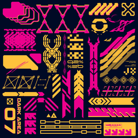 cyberpunk y2k 2000s gaming futuristic icon pattern  set collection template hud for branding fashion t-shirt decoration decals, 2d illustration rendering vectorのイラスト素材