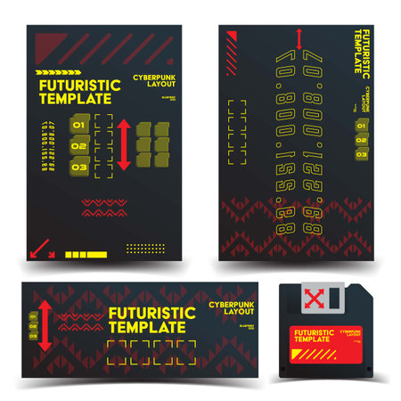 cyberpunk y2k 2000s gaming futuristic icon pattern set collection banner poster template hud for branding decoration decals, 2d illustration rendering vectorのイラスト素材