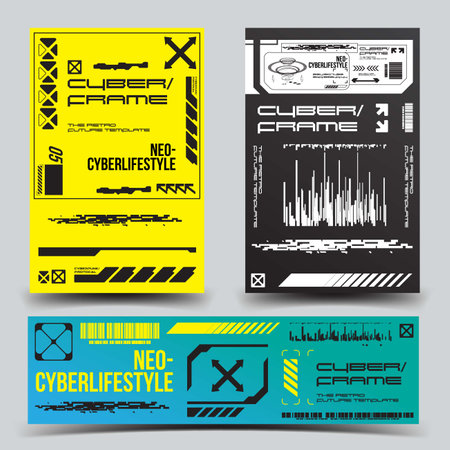 cyberpunk y2k 2000s gaming futuristic icon pattern set collection banner poster template hud for branding decoration decals, 2d illustration rendering vectorのイラスト素材