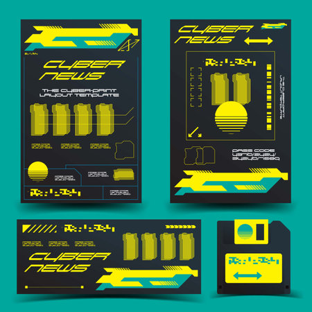 cyberpunk y2k 2000s gaming futuristic icon pattern set collection banner poster template hud for branding decoration decals, 2d illustration rendering vectorのイラスト素材