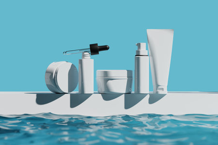 3d illustraion of cosmetic skin care beauty spa cream mockup, bathroom interior, medical healthcare treatment, fashion of makeup, bottle tube of packagingの写真素材