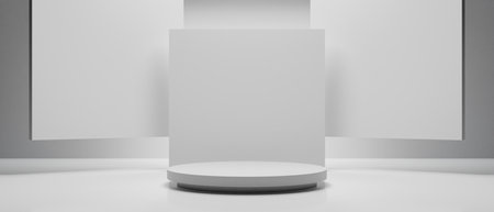 3d booth kios illustration rendering, Exhibition podium pedestal stand event stage for mockup a Display design, trade show for retail product on white backgroundの写真素材