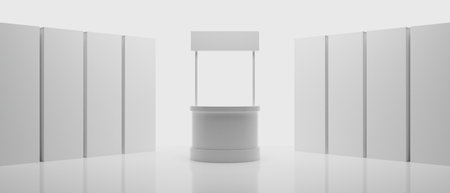 3d booth kios illustration rendering, Exhibition podium pedestal stand event stage for mockup a Display design, trade show for retail product on white backgroundの写真素材