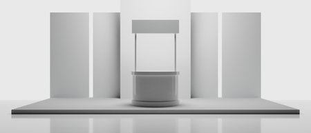 3d booth kios illustration rendering, Exhibition podium pedestal stand event stage for mockup a Display design, trade show for retail product on white backgroundの写真素材