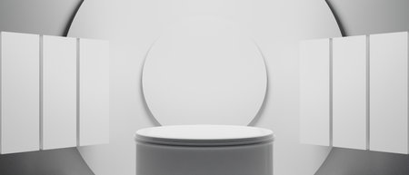 3d booth kios illustration rendering, Exhibition podium pedestal stand event stage for mockup a Display design, trade show for retail product on white backgroundの写真素材