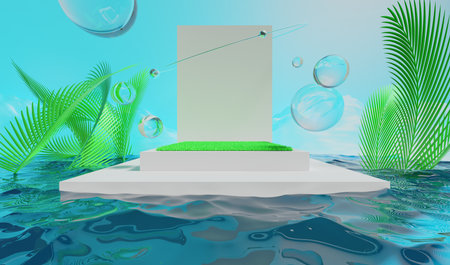 retro-future y2k 2000s frutiger aero aqua web 2.0 gloss with stage podium for product display showcase, 3d illustration rendering abstract backgroundの写真素材