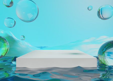 retro-future y2k 2000s frutiger aero aqua web 2.0 gloss with stage podium for product display showcase, 3d illustration rendering abstract backgroundの写真素材