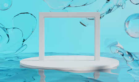 retro-future y2k 2000s frutiger aero aqua web 2.0 gloss with stage podium for product display showcase, 3d illustration rendering abstract backgroundの写真素材