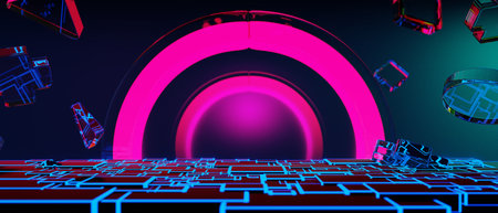 3d illustration rendering of y2k 2000s gamer technology futuristic fantasy metaverse cyberpunk sci-fi display podium abstract backgroundの写真素材