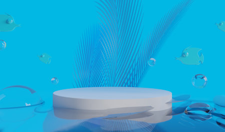 retro-future y2k 2000s frutiger aero aqua web 2.0 gloss with stage podium for product display showcase, 3d illustration rendering abstract backgroundの写真素材