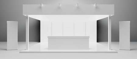 3d booth kiosk illustration rendering, Exhibition podium pedestal stand event stage for mockup a Display design, trade show for retail product on white backgroundの写真素材