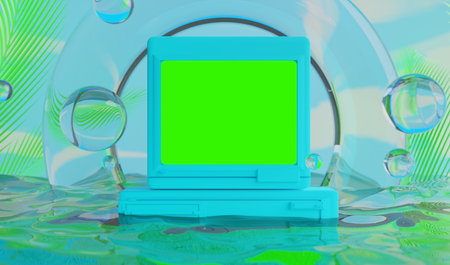 retro-future pc monitor y2k 2000s frutiger aero aqua web 2.0 gloss with stage podium for product...