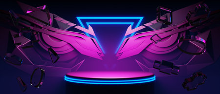3d illustration rendering of y2k 2000s gamer technology futuristic fantasy metaverse cyberpunk sci-fi display podium abstract backgroundの写真素材