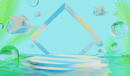 retro-future y2k 2000s frutiger aero aqua web 2.0 gloss with stage podium for product display showcase, 3d illustration rendering abstract background, technology and nature conceptの写真素材