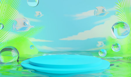 retro-future y2k 2000s frutiger aero aqua web 2.0 gloss with stage podium for product display showcase, 3d illustration rendering abstract background, technology and nature conceptの写真素材