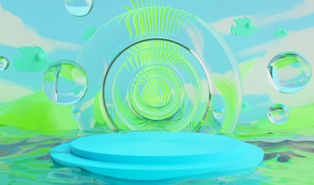 retro-future y2k 2000s frutiger aero aqua web 2.0 gloss with stage podium for product display...