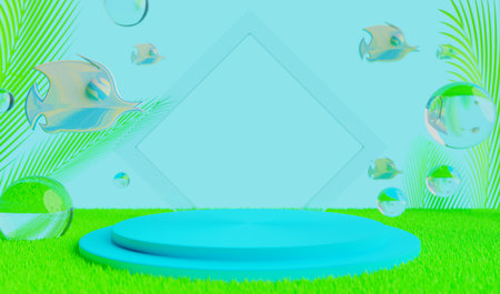 retro-future y2k 2000s frutiger aero aqua web 2.0 gloss with stage podium for product display showcase, 3d illustration rendering abstract background, technology and nature conceptの写真素材