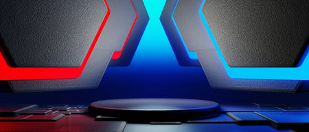 3d illustration rendering of y2k 2000s gamer technology futuristic fantasy metaverse cyberpunk sci-fi display podium abstract backgroundの写真素材