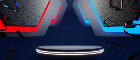 3d illustration rendering of y2k 2000s gamer technology futuristic fantasy metaverse cyberpunk sci-fi display podium abstract backgroundの写真素材