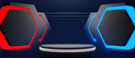 3d illustration rendering of y2k 2000s gamer technology futuristic fantasy metaverse cyberpunk sci-fi display podium abstract backgroundの写真素材