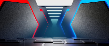 3d illustration rendering of y2k 2000s gamer technology futuristic fantasy metaverse cyberpunk sci-fi display podium abstract backgroundの写真素材