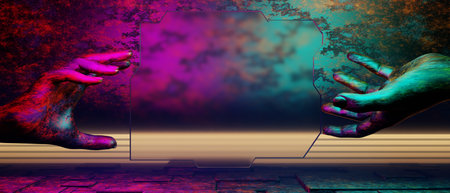 3d illustration rendering of y2k 2000s gamer technology futuristic fantasy metaverse cyberpunk sci-fi display podium abstract background neon-glowの写真素材