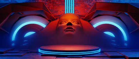 3d illustration rendering of y2k 2000s gamer technology futuristic fantasy metaverse cyberpunk sci-fi display podium abstract background neon-glowの写真素材