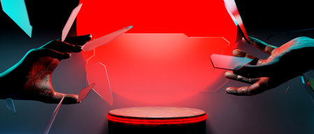3d illustration rendering of y2k 2000s gamer technology futuristic fantasy metaverse cyberpunk sci-fi display podium abstract background neon-glowの写真素材
