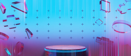 3d illustration rendering of y2k 2000s gamer technology futuristic fantasy metaverse cyberpunk sci-fi display podium abstract background neon-glowの写真素材