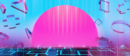 3d illustration rendering of y2k 2000s gamer technology futuristic fantasy metaverse cyberpunk sci-fi display podium abstract background neon-glowの写真素材