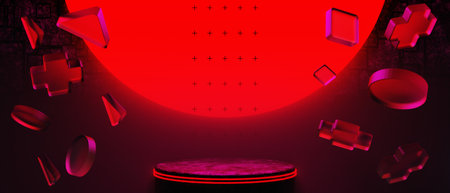 3d illustration rendering of y2k 2000s gamer technology futuristic fantasy metaverse cyberpunk sci-fi display podium abstract background neon-glowの写真素材