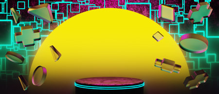 3d illustration rendering of y2k 2000s gamer technology futuristic fantasy metaverse cyberpunk sci-fi display podium abstract background neon-glowの写真素材
