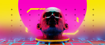 3d illustration rendering of y2k 2000s gamer technology futuristic fantasy metaverse cyberpunk sci-fi display podium abstract background neon-glowの写真素材