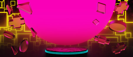 3d illustration rendering of y2k 2000s gamer technology futuristic fantasy metaverse cyberpunk sci-fi display podium abstract background neon-glowの写真素材