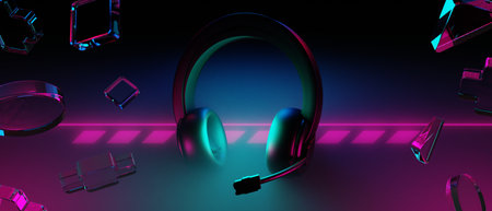 3d illustration rendering of y2k 2000s gamer technology futuristic fantasy metaverse cyberpunk sci-fi display podium abstract background neon-glowの写真素材
