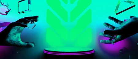 3d illustration rendering of y2k 2000s gamer technology futuristic fantasy metaverse cyberpunk sci-fi display podium abstract background neon-glowの写真素材