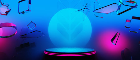 3d illustration rendering of y2k 2000s gamer technology futuristic fantasy metaverse cyberpunk sci-fi display podium abstract background neon-glowの写真素材