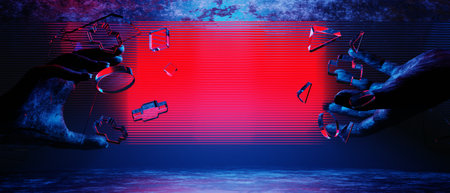 3d illustration rendering of y2k 2000s gamer technology futuristic fantasy metaverse cyberpunk sci-fi display podium abstract background neon-glowの写真素材