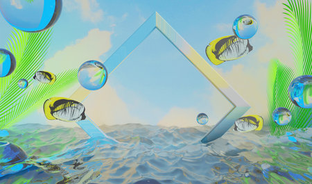 retro-future y2k 2000s frutiger aero aqua web 2.0 gloss with stage podium for product display showcase, 3d illustration rendering abstract background, technology and nature conceptの写真素材