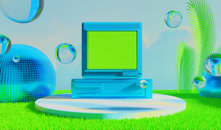 retro-future y2k 2000s frutiger aero aqua web 2.0 gloss with stage podium for product display showcase, 3d illustration rendering abstract background, technology and nature conceptの写真素材