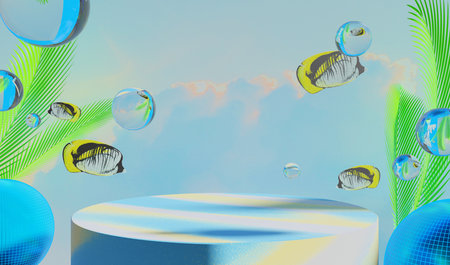 retro-future y2k 2000s frutiger aero aqua web 2.0 gloss with stage podium for product display showcase, 3d illustration rendering abstract background, technology and nature conceptの写真素材