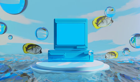 retro-future y2k 2000s frutiger aero aqua web 2.0 gloss with stage podium for product display showcase, 3d illustration rendering abstract background, technology and nature conceptの写真素材
