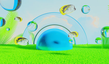 retro-future y2k 2000s frutiger aero aqua web 2.0 gloss with stage podium for product display showcase, 3d illustration rendering abstract background, technology and nature conceptの写真素材