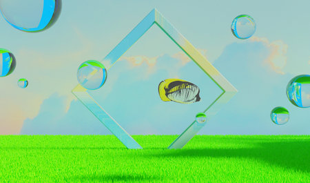 retro-future y2k 2000s frutiger aero aqua web 2.0 gloss with stage podium for product display showcase, 3d illustration rendering abstract background, technology and nature conceptの写真素材